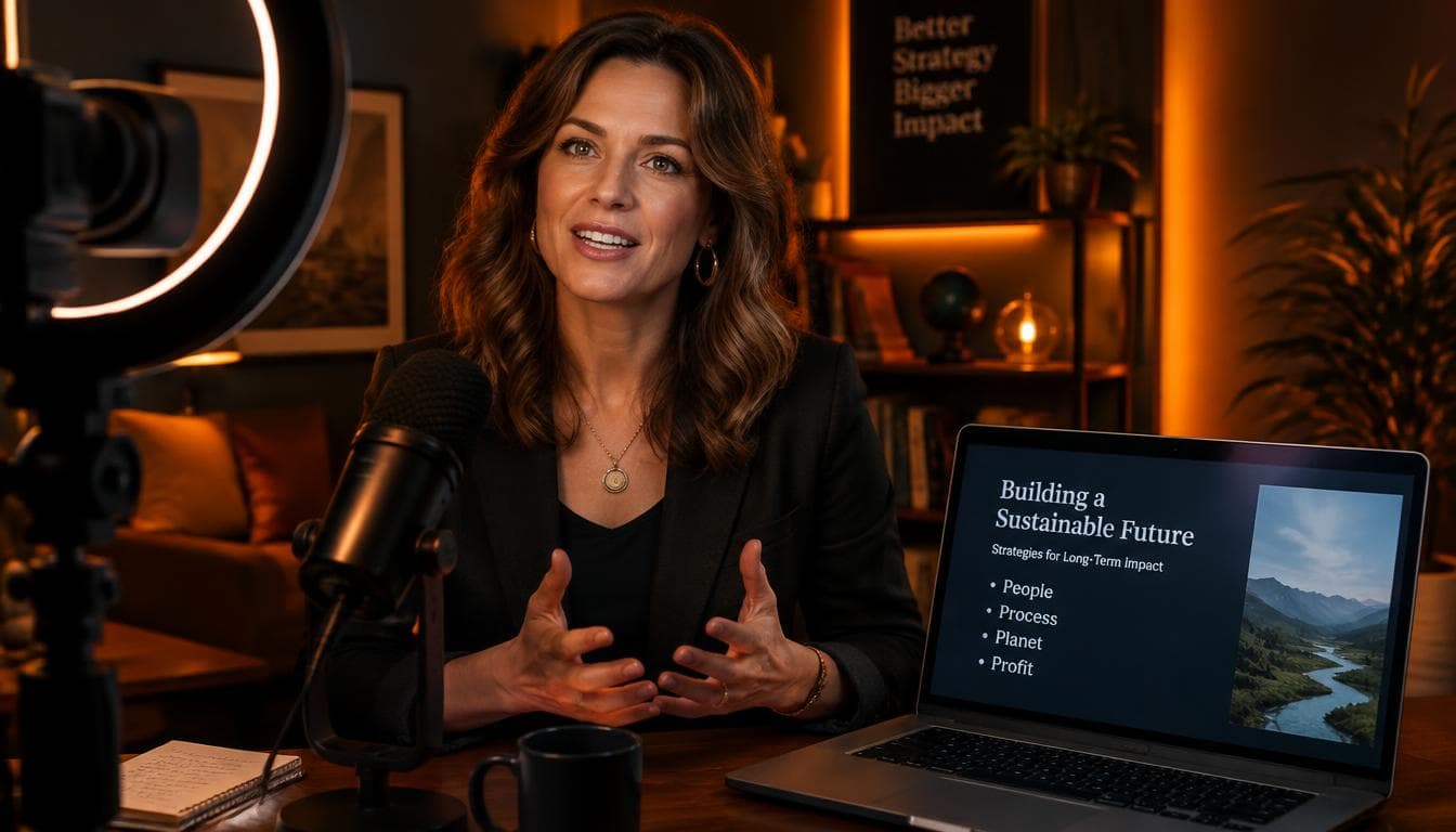 A presenter delivering a webinar from her home studio